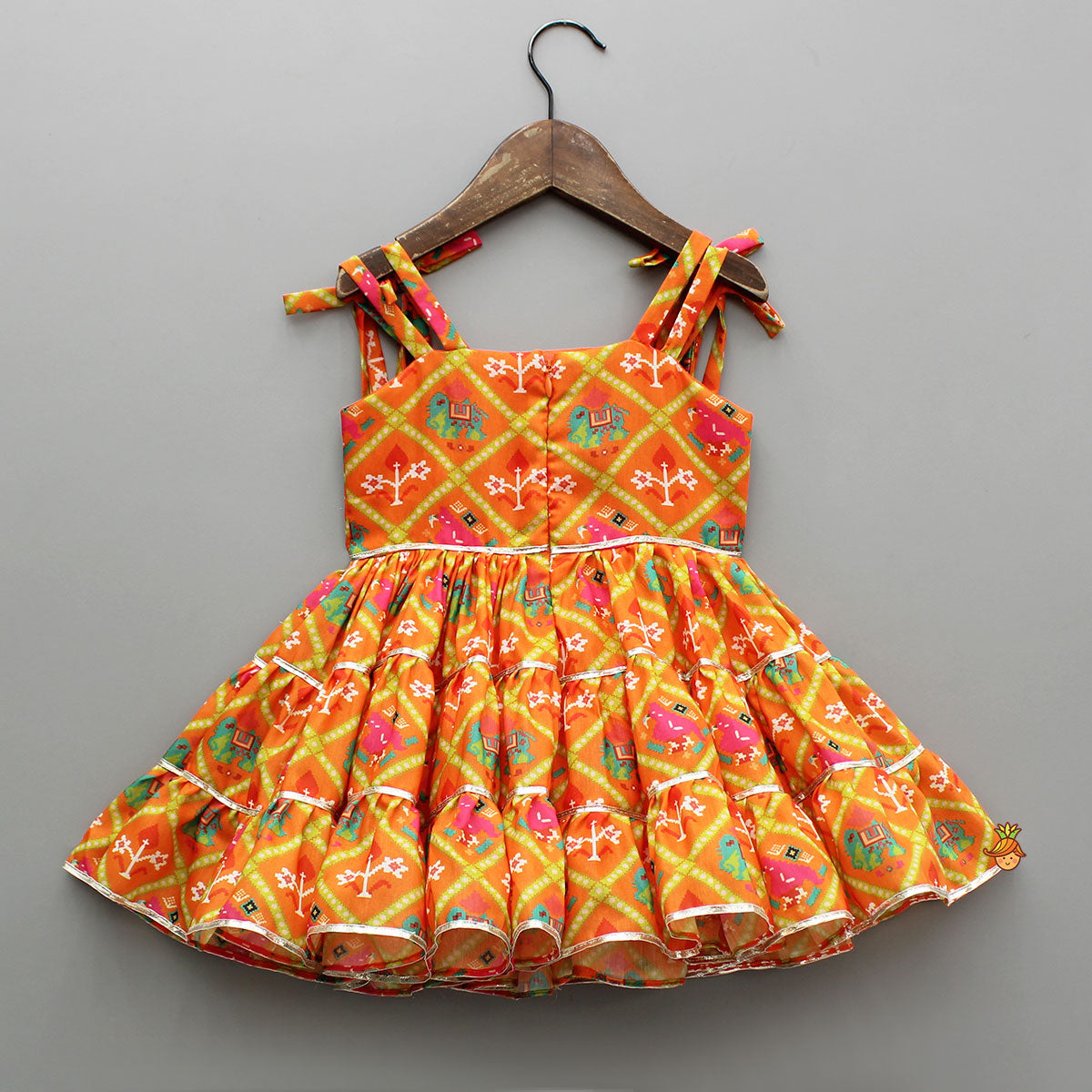 Orange Printed Tie-Up Dress With Floral Mor Pankh Hair Clip