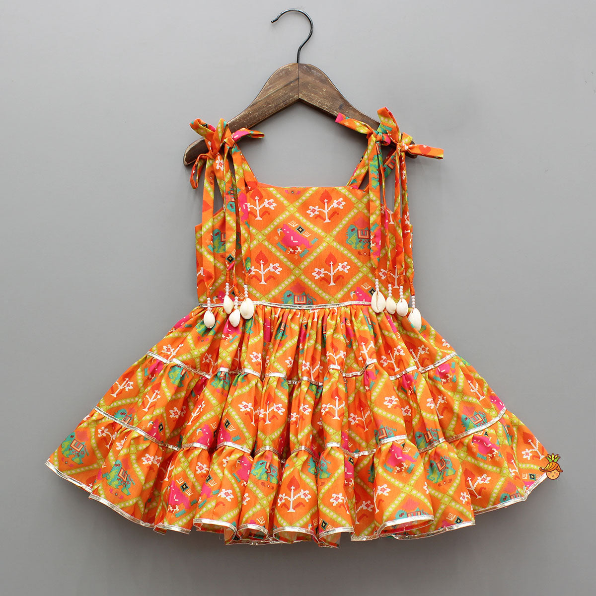 Orange Printed Tie-Up Dress With Floral Mor Pankh Hair Clip