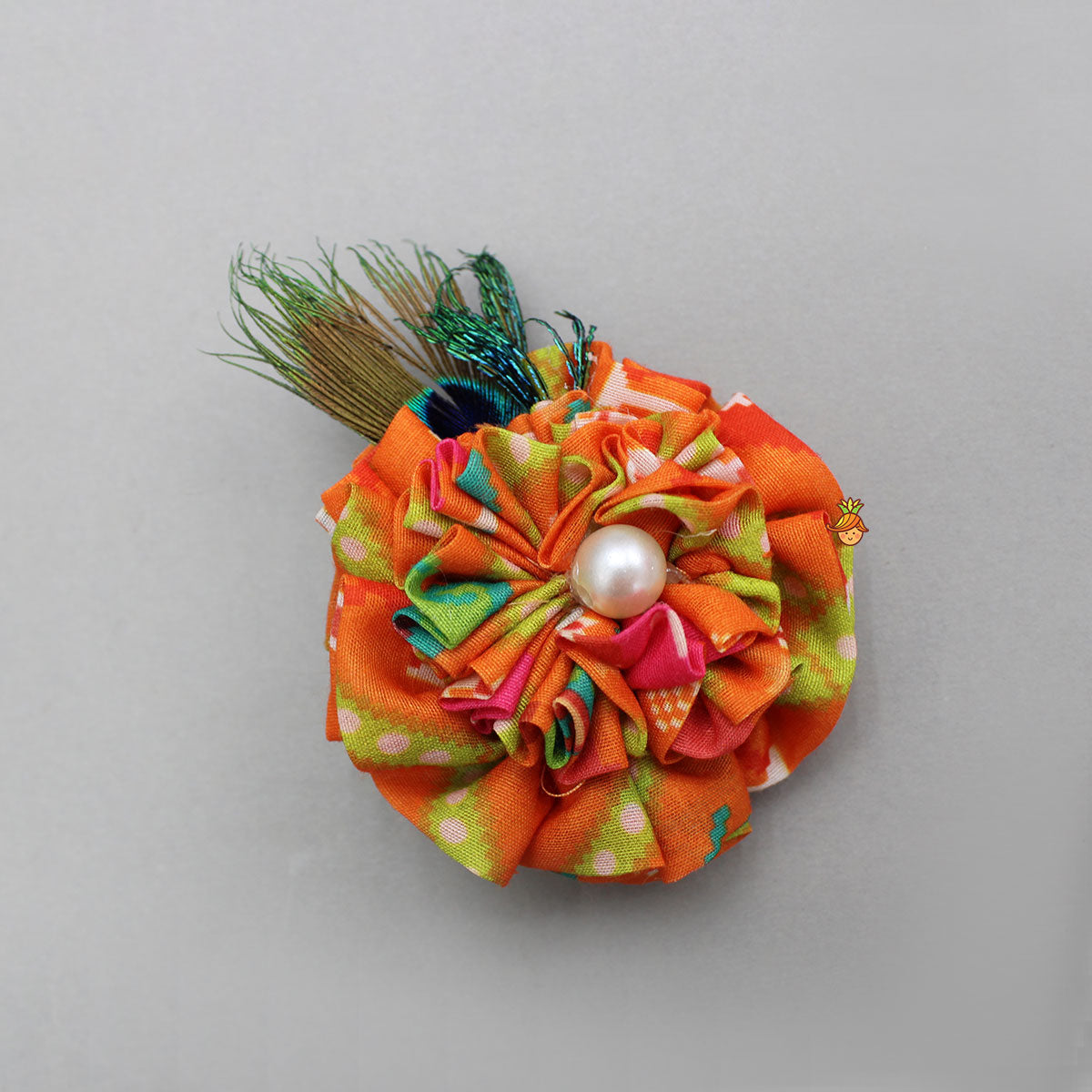 Orange Printed Tie-Up Dress With Floral Mor Pankh Hair Clip