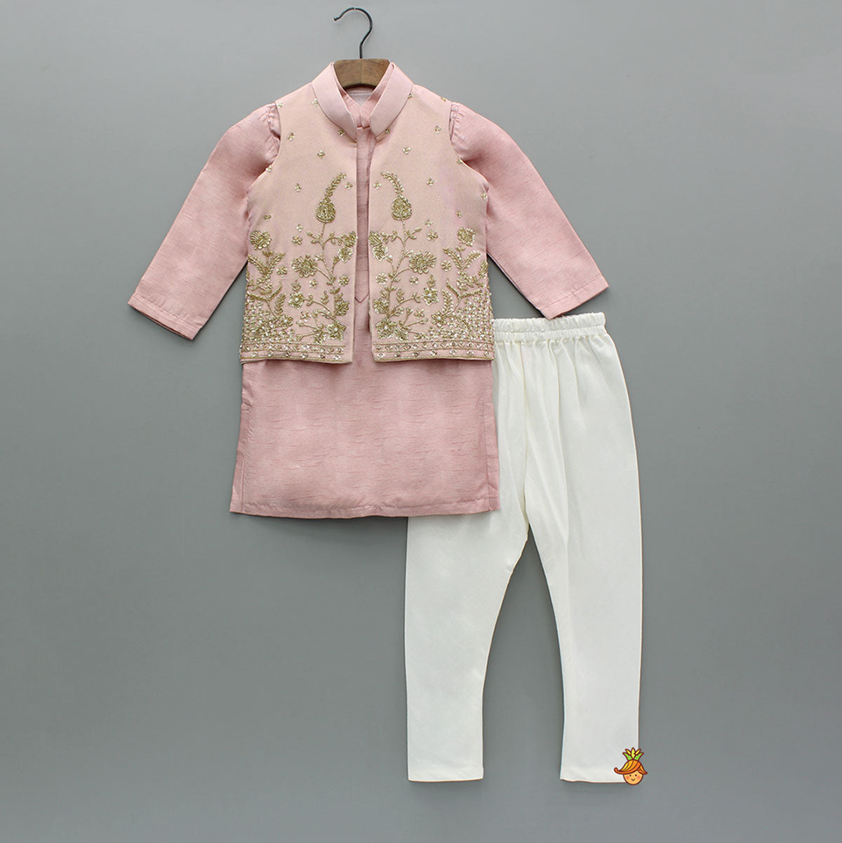 Pink Silk Kurta With Shimmery Pink Front Open Embroidered Jacket And Churidar