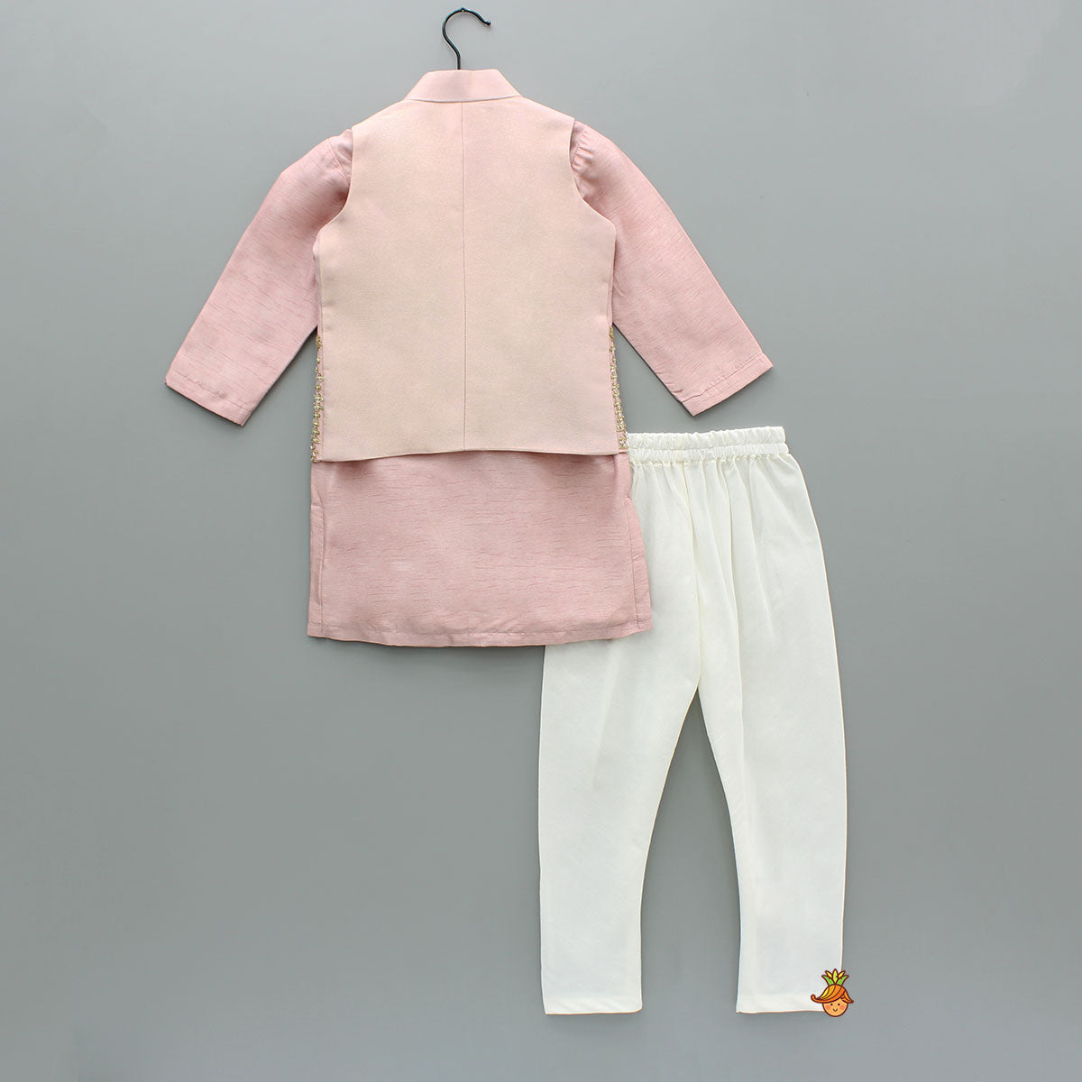 Pink Silk Kurta With Shimmery Pink Front Open Embroidered Jacket And Churidar