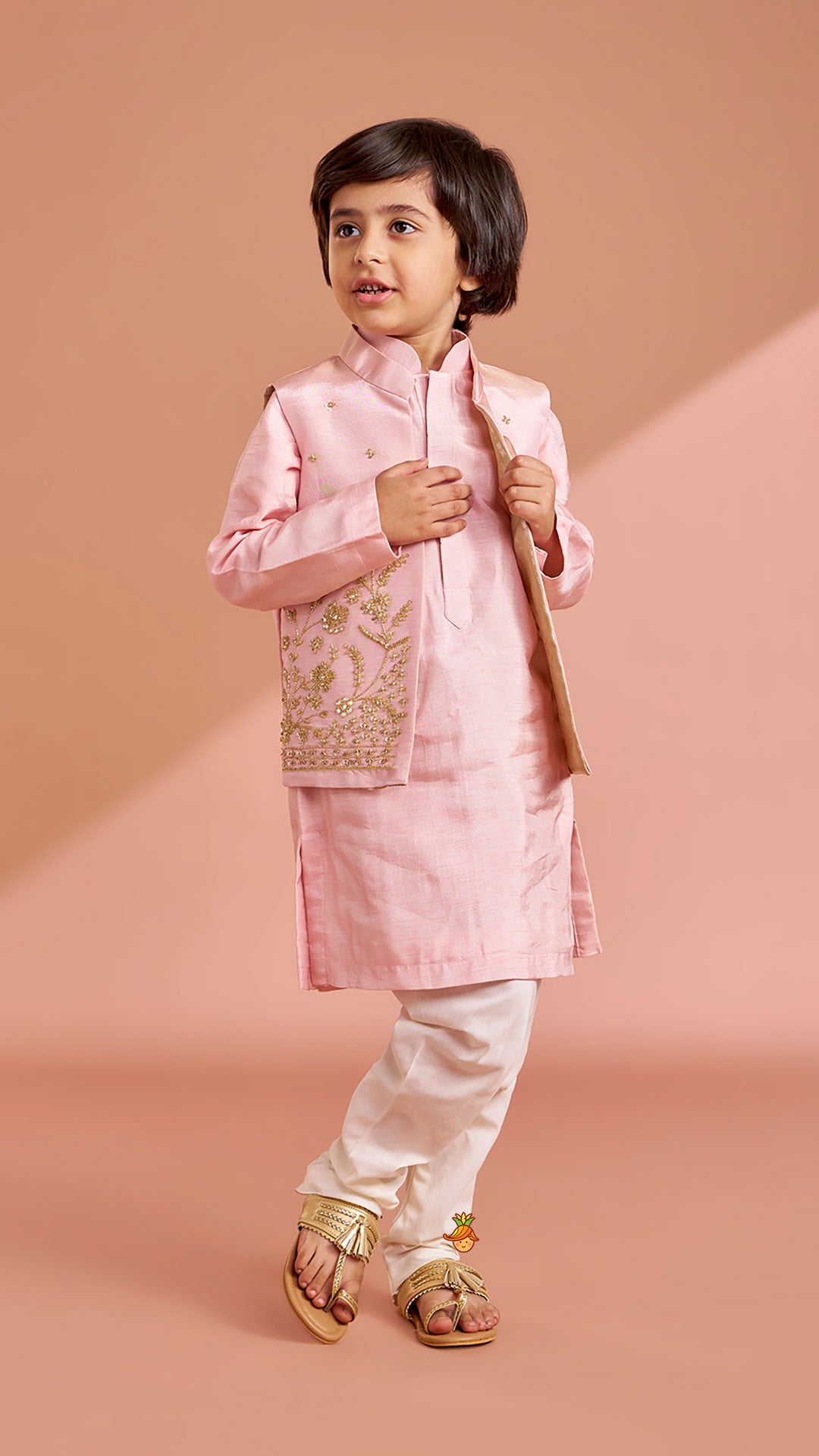 Pink Silk Kurta With Shimmery Pink Front Open Embroidered Jacket And Churidar