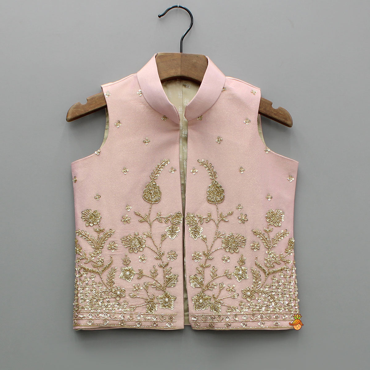 Pink Silk Kurta With Shimmery Pink Front Open Embroidered Jacket And Churidar