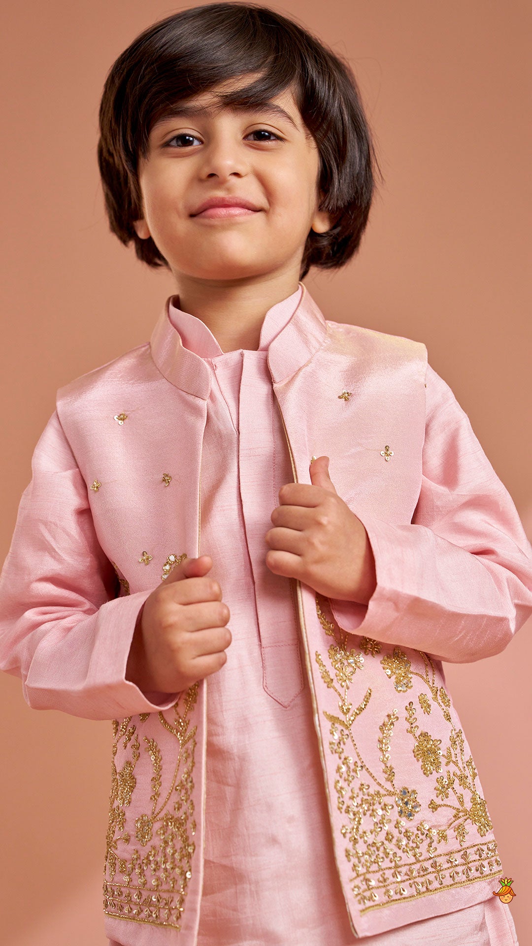 Pink Silk Kurta With Shimmery Pink Front Open Embroidered Jacket And Churidar