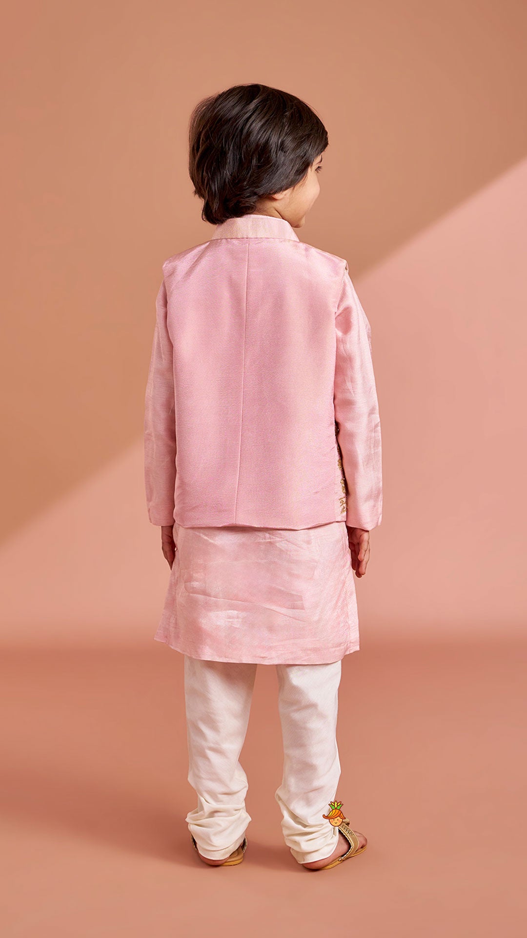 Pink Silk Kurta With Shimmery Pink Front Open Embroidered Jacket And Churidar