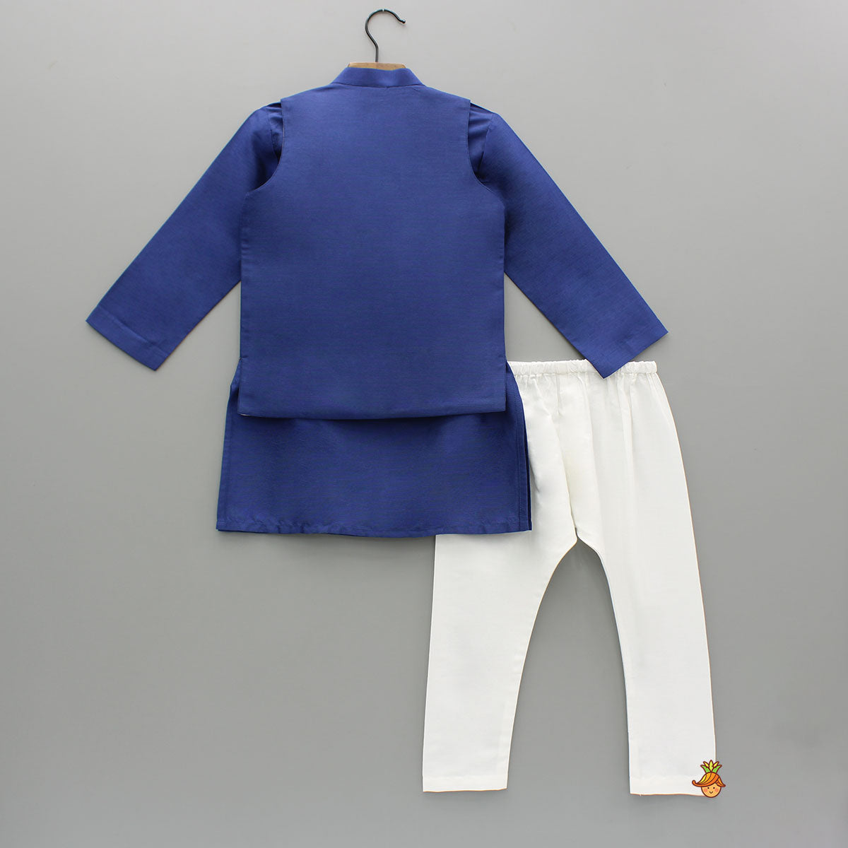 Blue Cotton Silk Kurta With Faux Mirror Embroidered Jacket And Pyjama