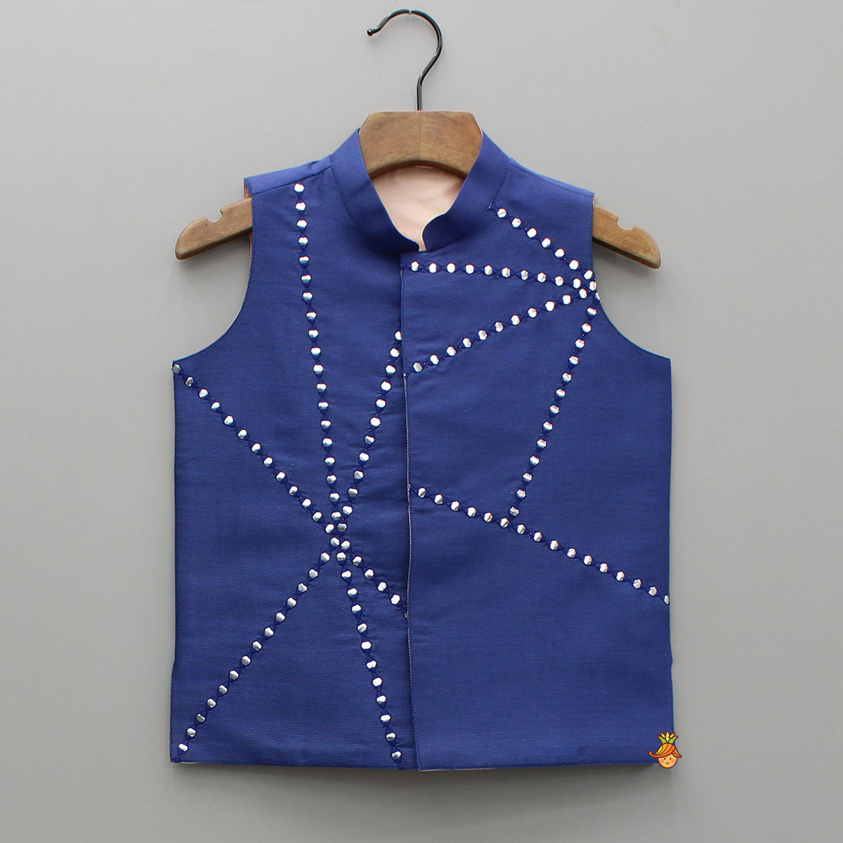 Blue Cotton Silk Kurta With Faux Mirror Embroidered Jacket And Pyjama