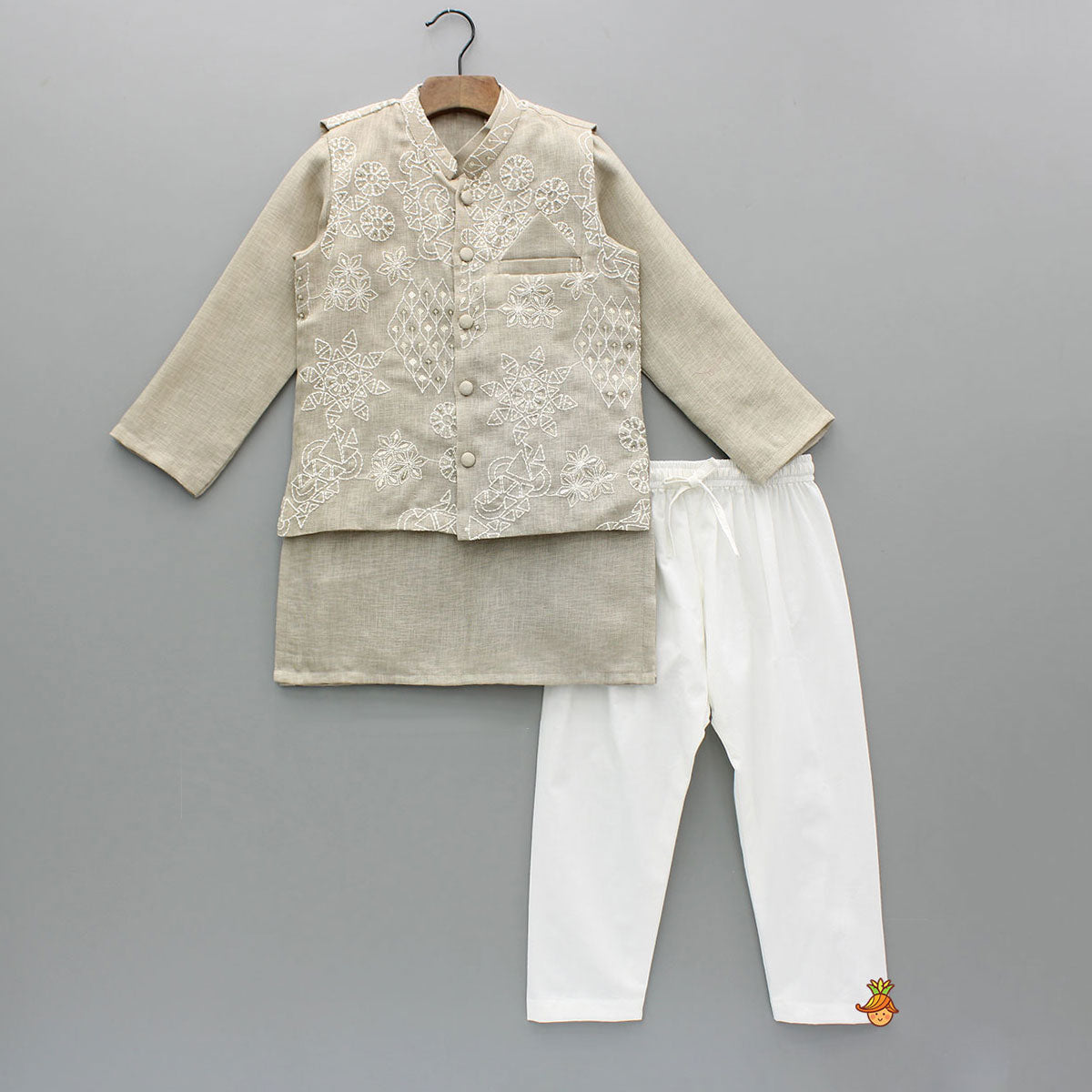 Beige Kurta With Floral Sequin Embroidered Jacket And Pyjama