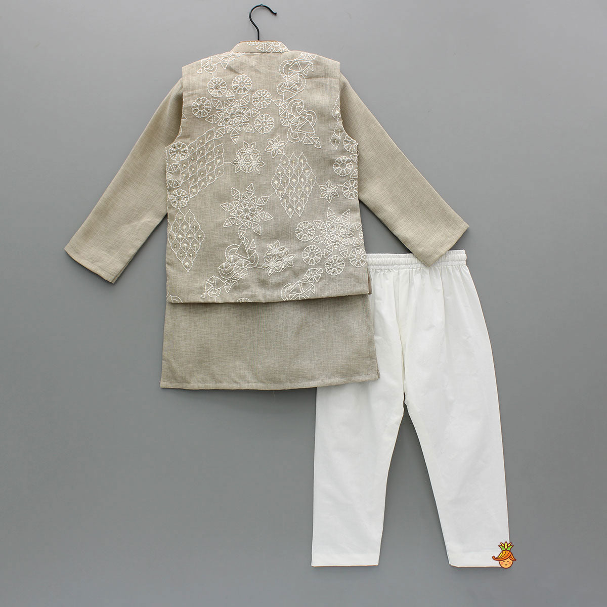 Beige Kurta With Floral Sequin Embroidered Jacket And Pyjama