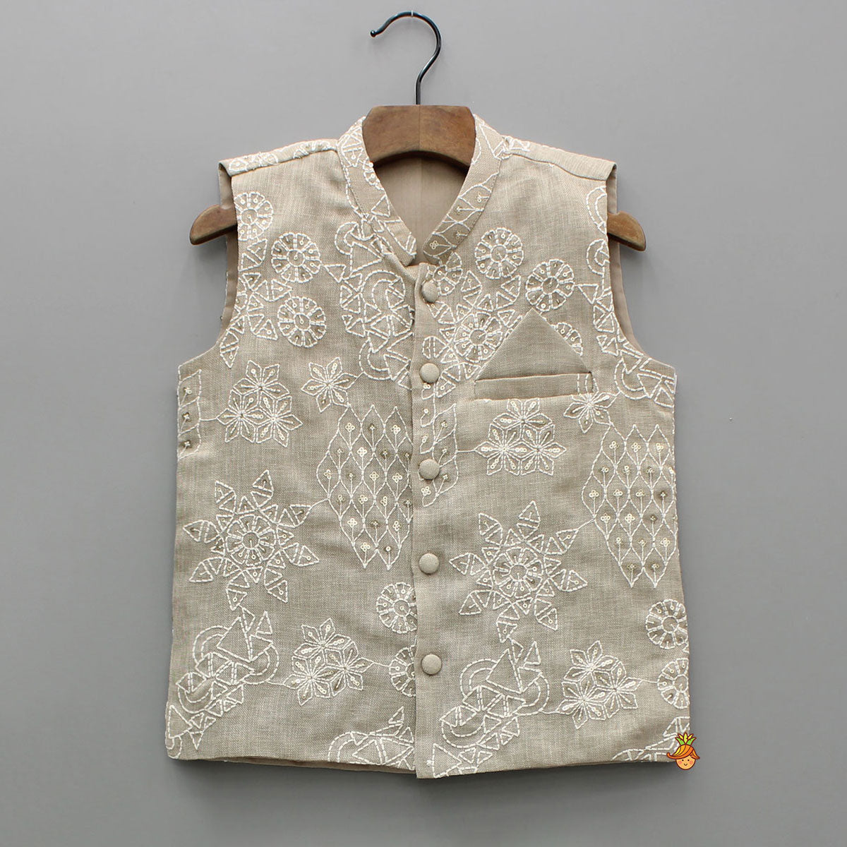 Beige Kurta With Floral Sequin Embroidered Jacket And Pyjama