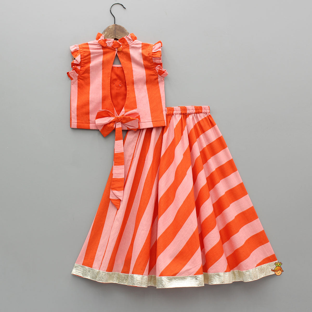 Orange Pink Striped Floral Top With Matching Lehenga