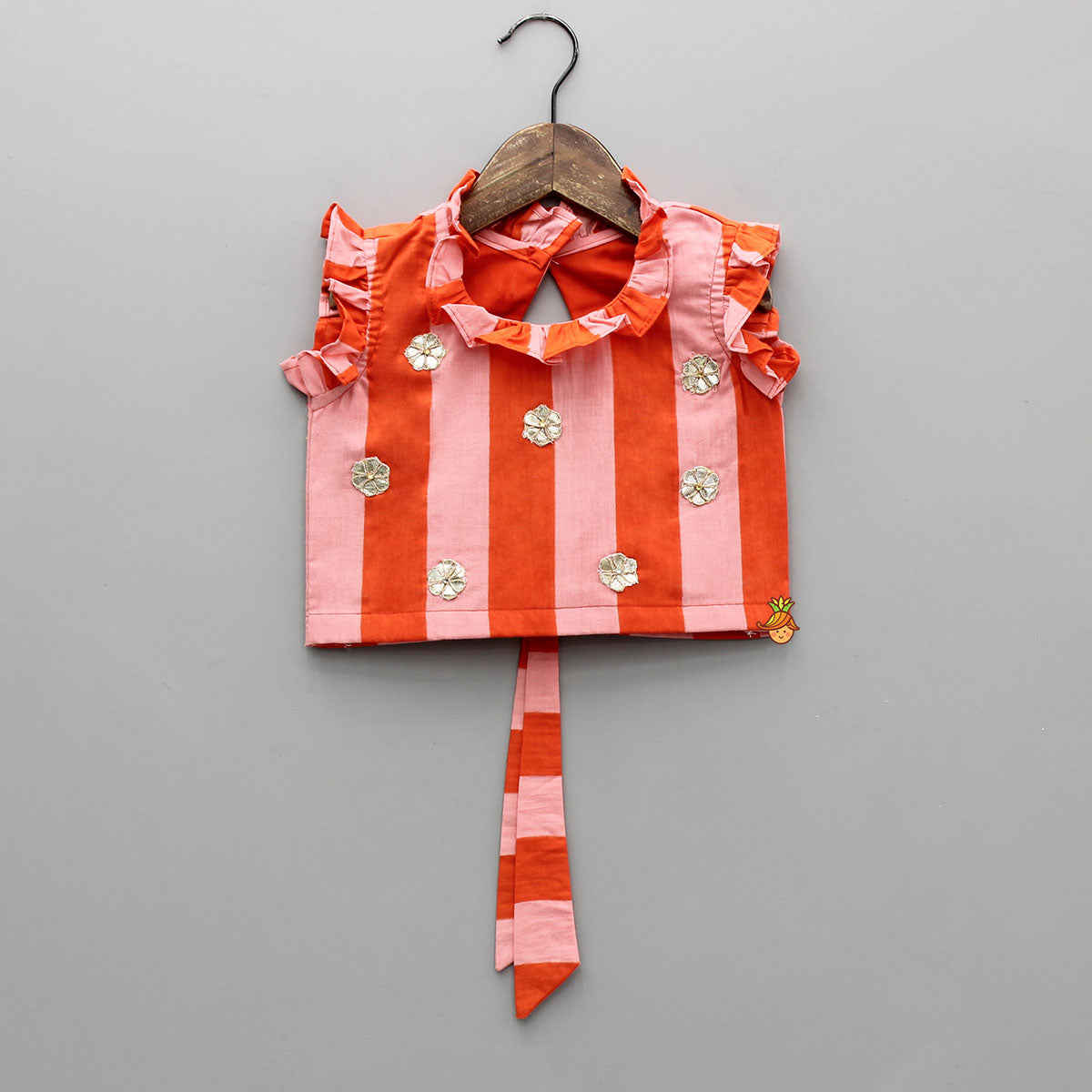 Orange Pink Striped Floral Top With Matching Lehenga