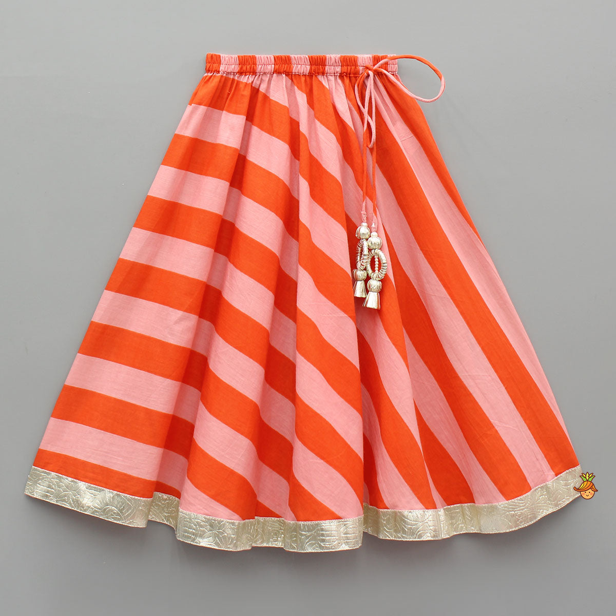 Orange Pink Striped Floral Top With Matching Lehenga