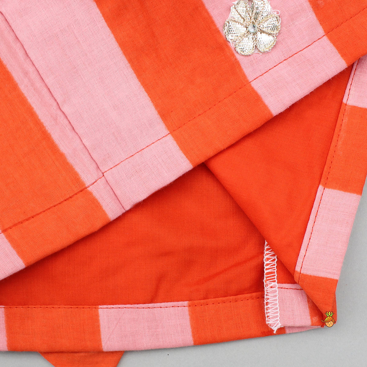 Orange Pink Striped Floral Top With Matching Lehenga