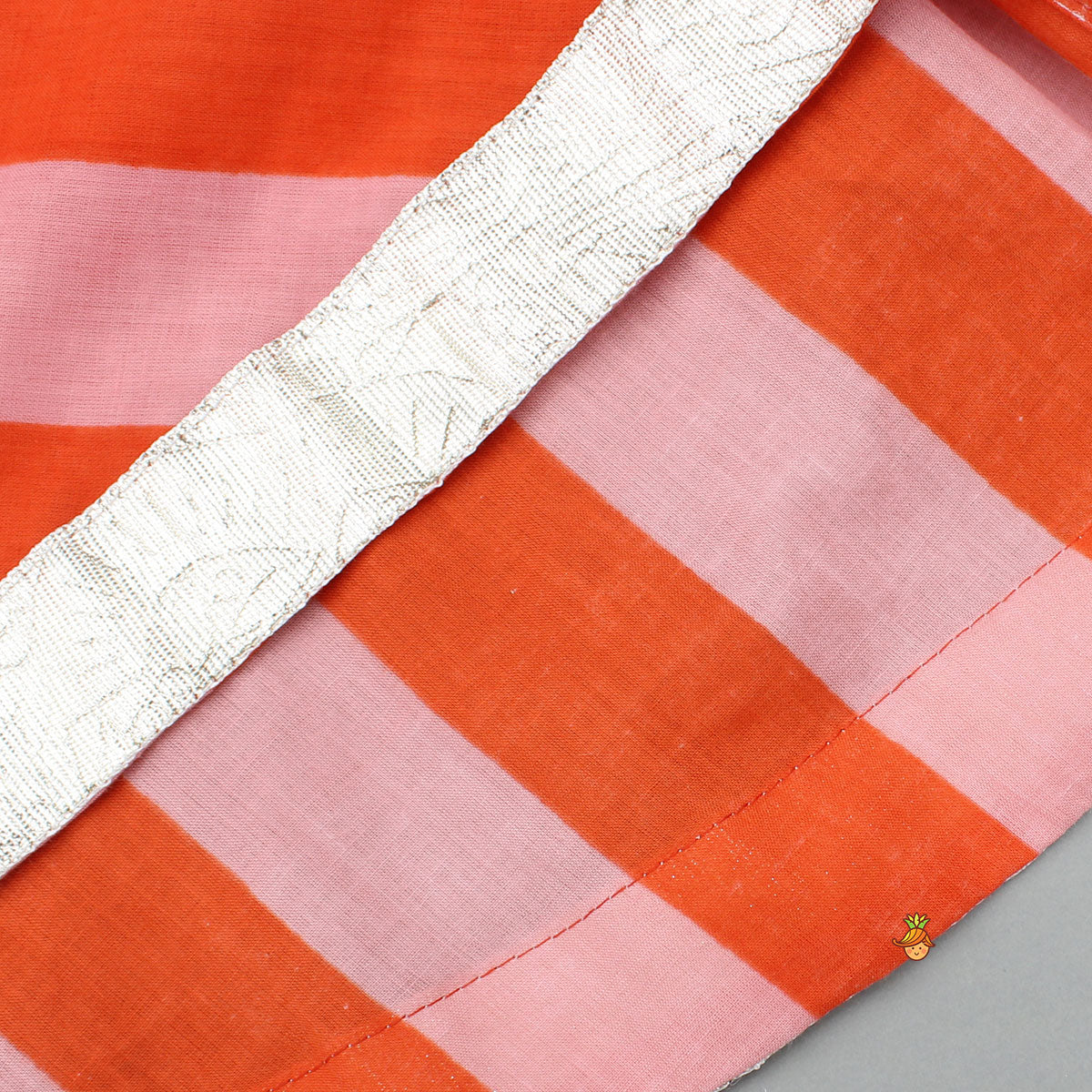 Orange Pink Striped Floral Top With Matching Lehenga