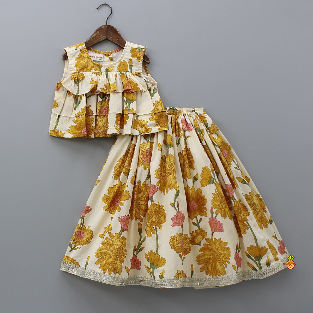 Floral Printed Sleeveless Ruffled Top With Matching Lehenga