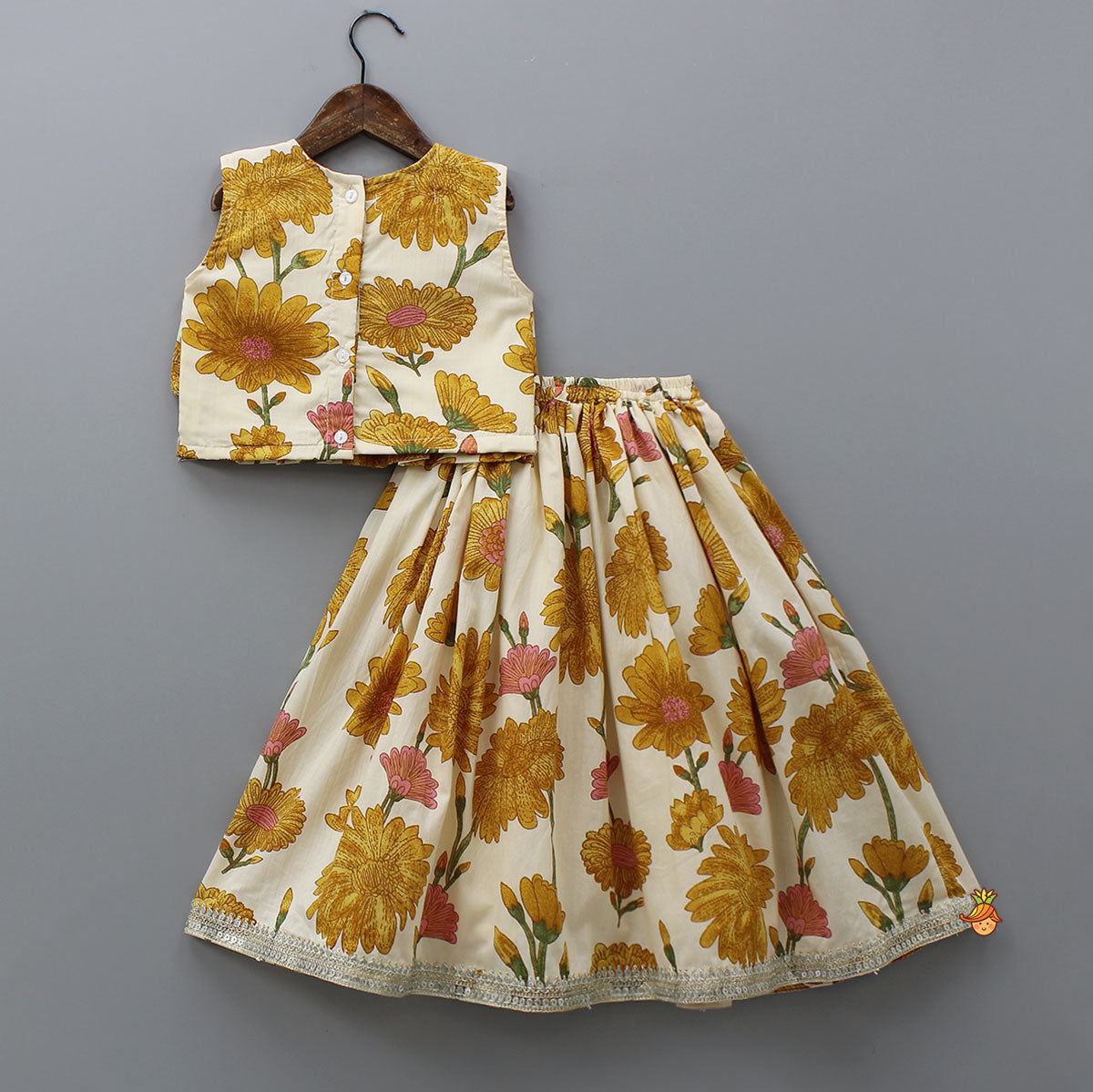 Floral Printed Sleeveless Ruffled Top With Matching Lehenga