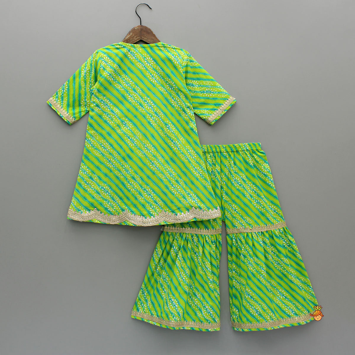 Leheriya And Bandhani Printed Green Kurti With Sharara And Dual-Tone Dupatta