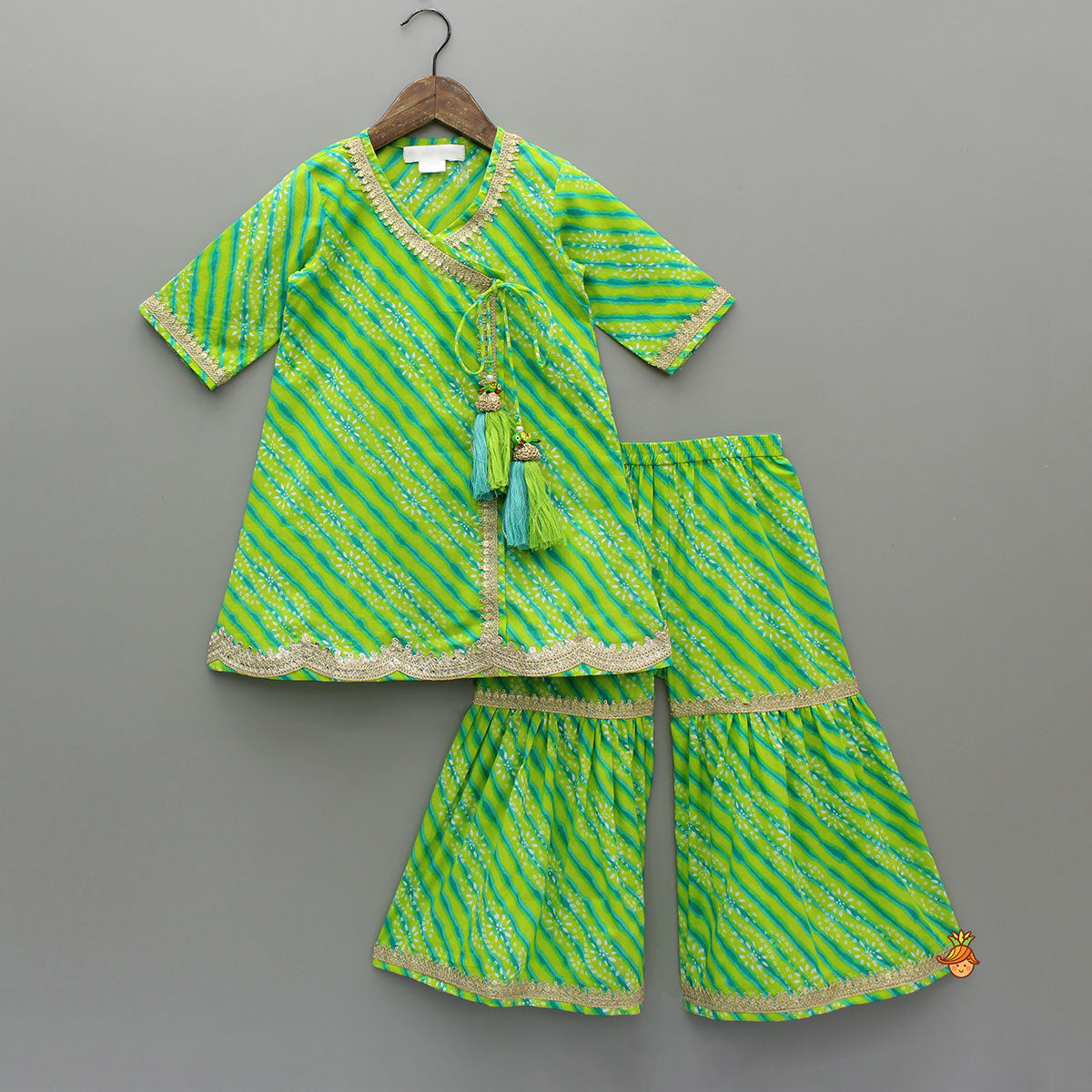 Leheriya And Bandhani Printed Green Kurti With Sharara And Dual-Tone Dupatta
