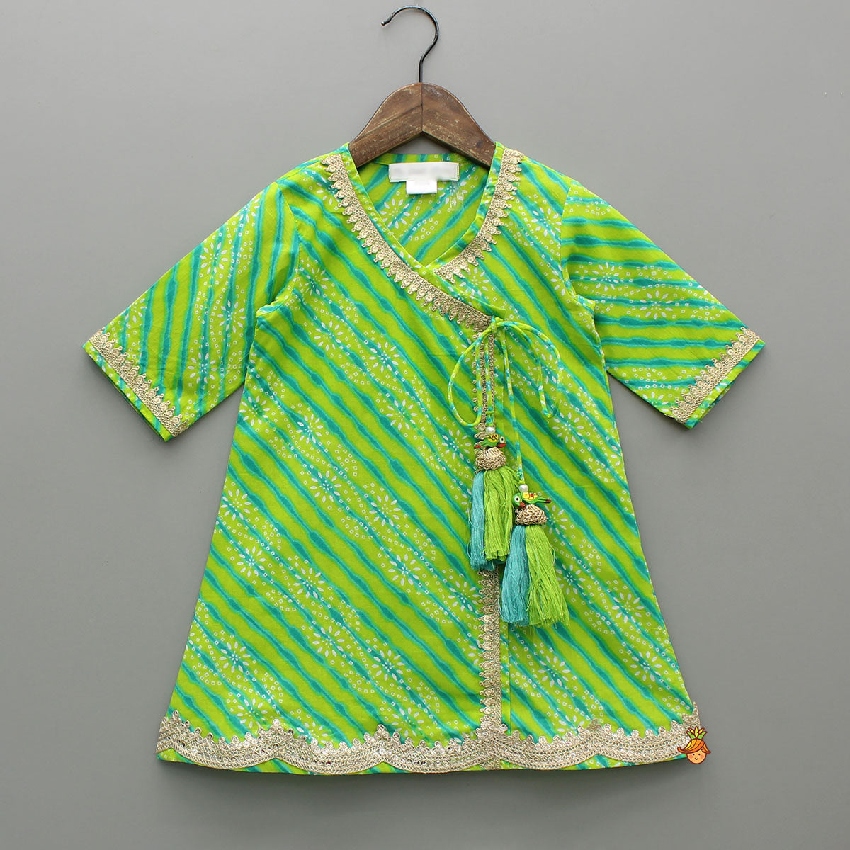 Leheriya And Bandhani Printed Green Kurti With Sharara And Dual-Tone Dupatta