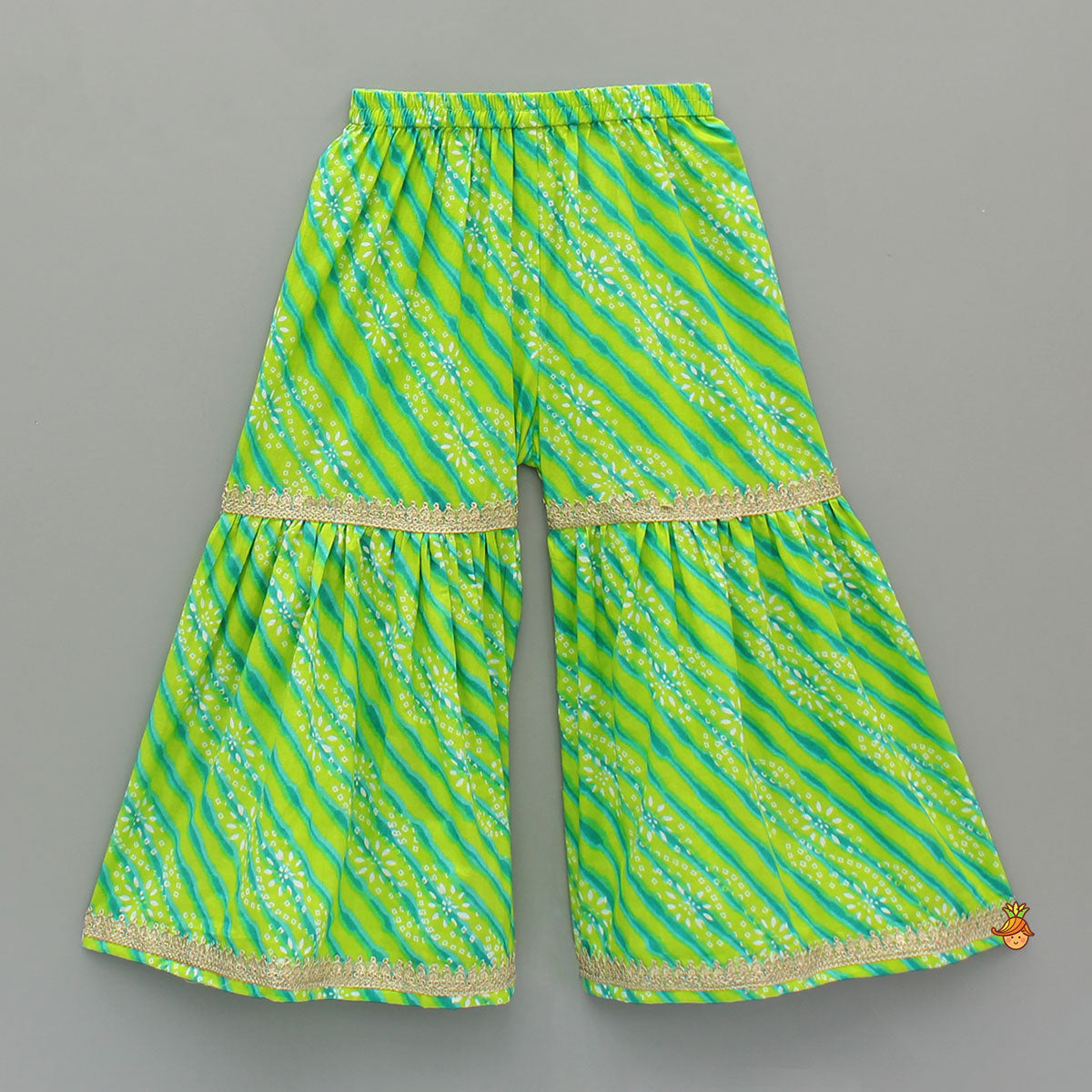 Leheriya And Bandhani Printed Green Kurti With Sharara And Dual-Tone Dupatta