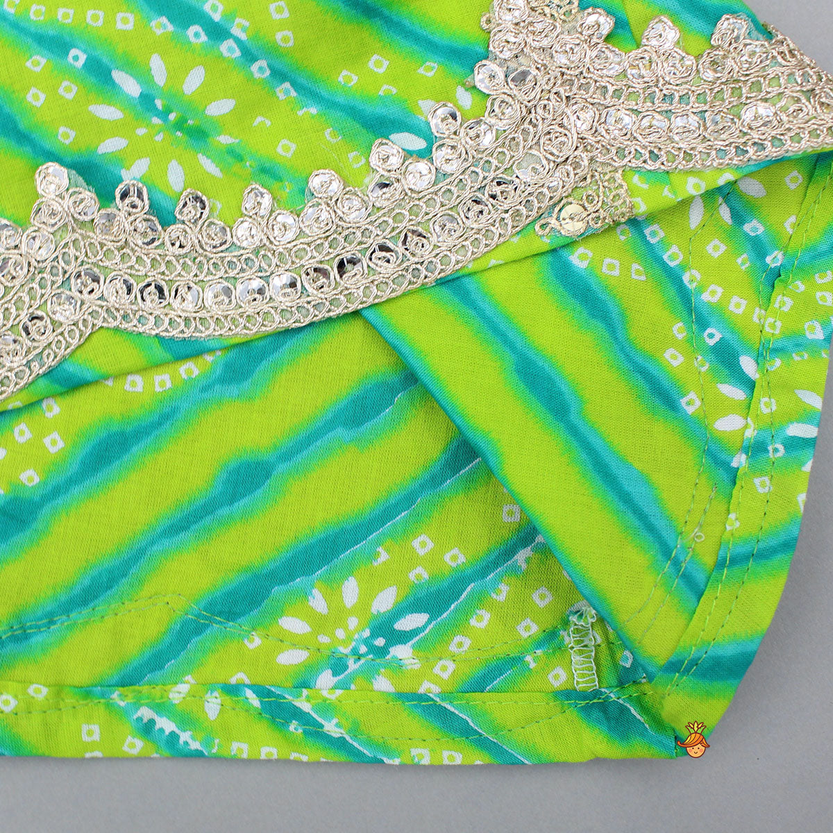 Leheriya And Bandhani Printed Green Kurti With Sharara And Dual-Tone Dupatta
