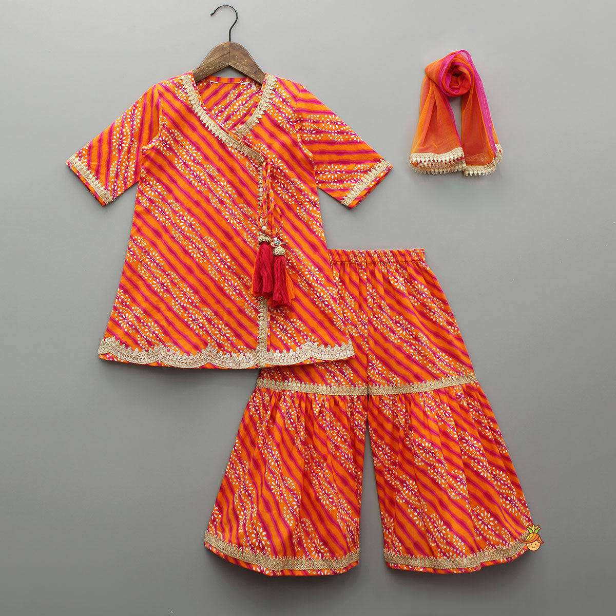 Bandhani Printed Faux Angarkha Style Leheriya Kurti With Sharara And Dupatta