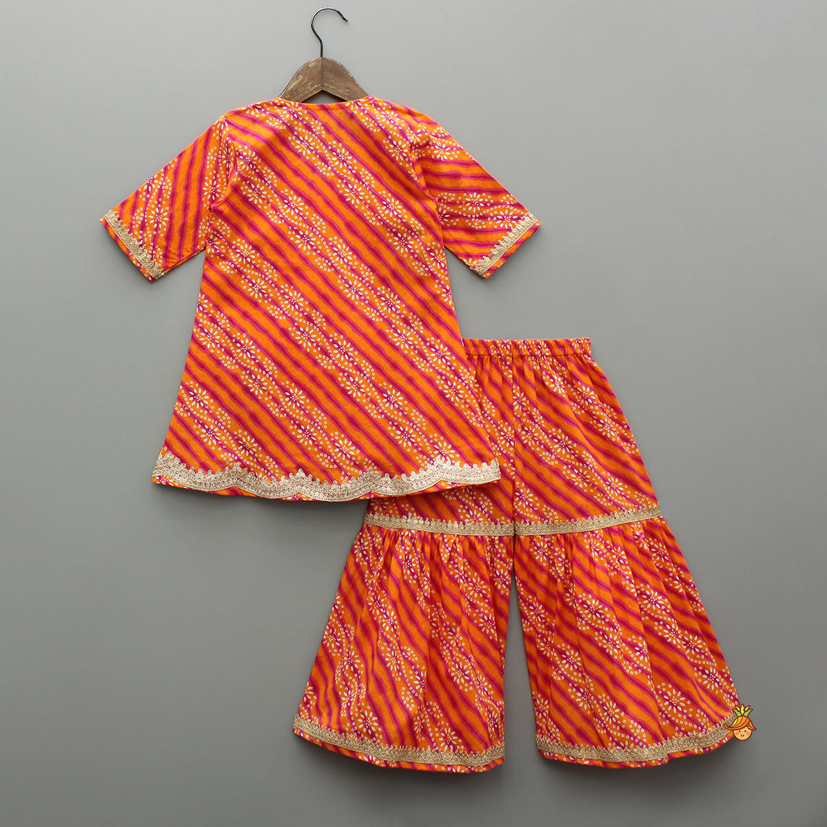 Bandhani Printed Faux Angarkha Style Leheriya Kurti With Sharara And Dupatta