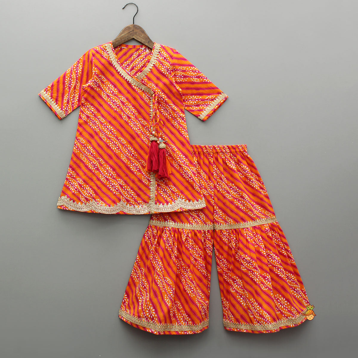 Bandhani Printed Faux Angarkha Style Leheriya Kurti With Sharara And Dupatta