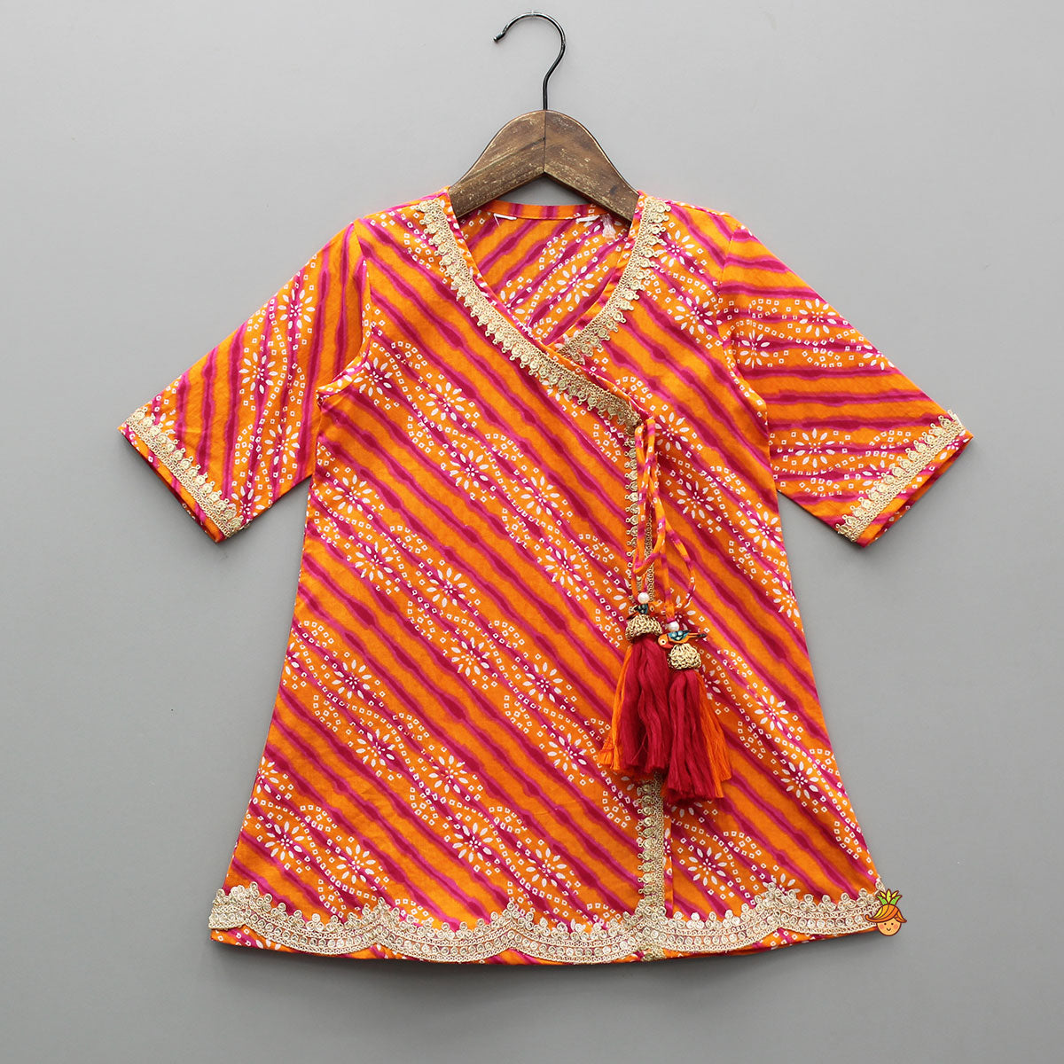 Bandhani Printed Faux Angarkha Style Leheriya Kurti With Sharara And Dupatta
