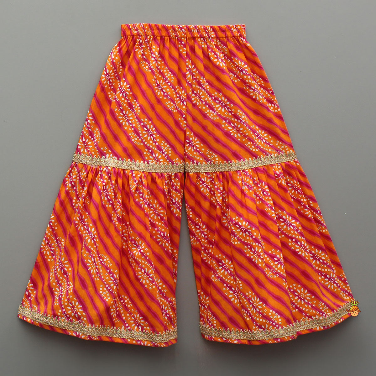 Bandhani Printed Faux Angarkha Style Leheriya Kurti With Sharara And Dupatta