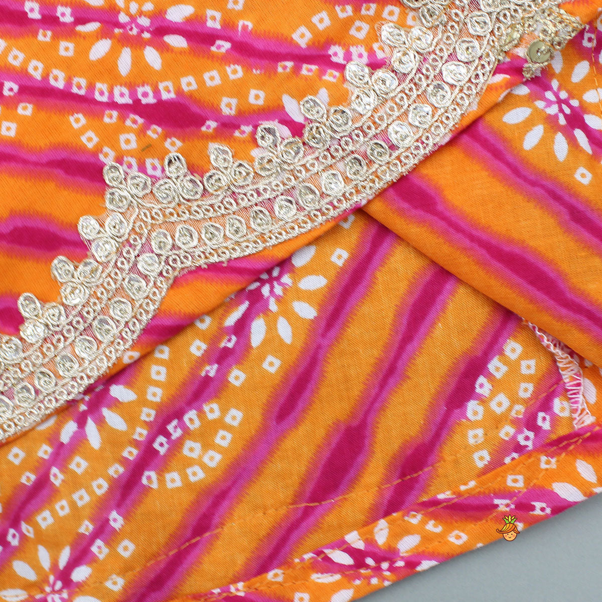 Bandhani Printed Faux Angarkha Style Leheriya Kurti With Sharara And Dupatta
