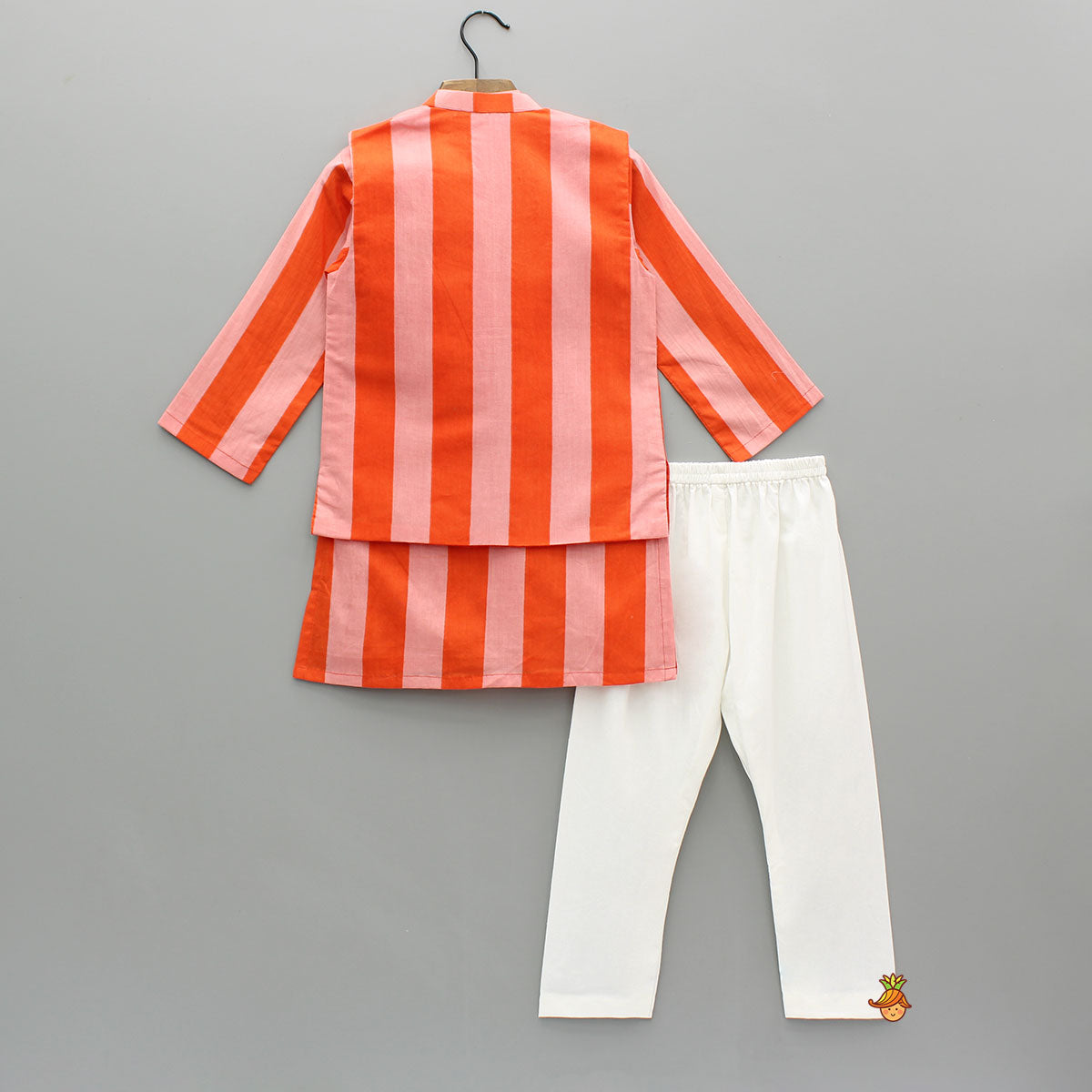 Pink And Orange Striped Kurta With Matching Jacket And Off White Pyjama