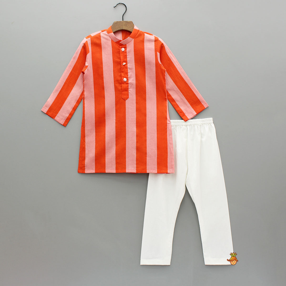 Pink And Orange Striped Kurta With Matching Jacket And Off White Pyjama