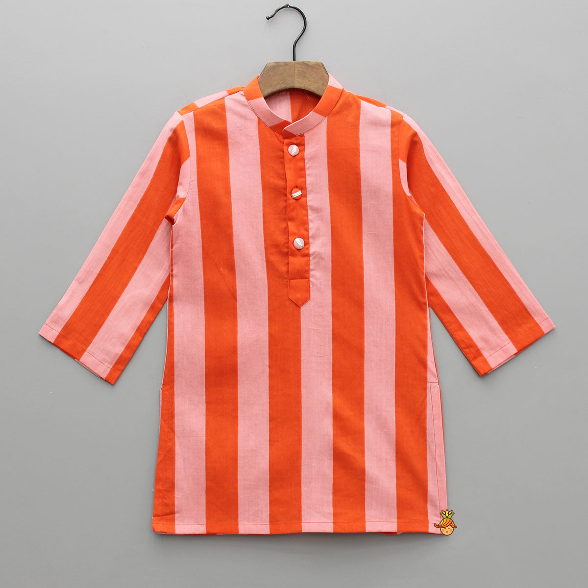 Pink And Orange Striped Kurta With Matching Jacket And Off White Pyjama