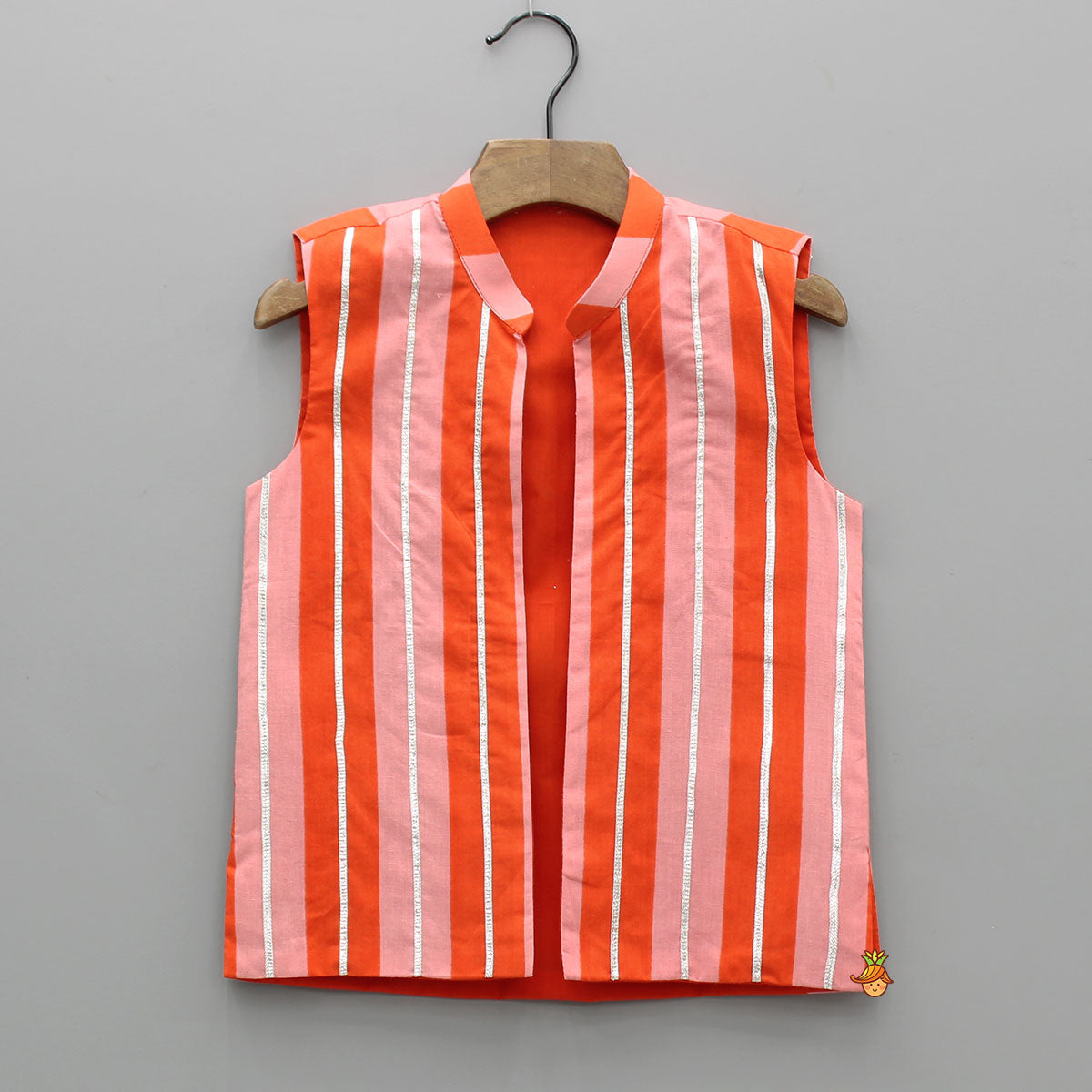 Pink And Orange Striped Kurta With Matching Jacket And Off White Pyjama