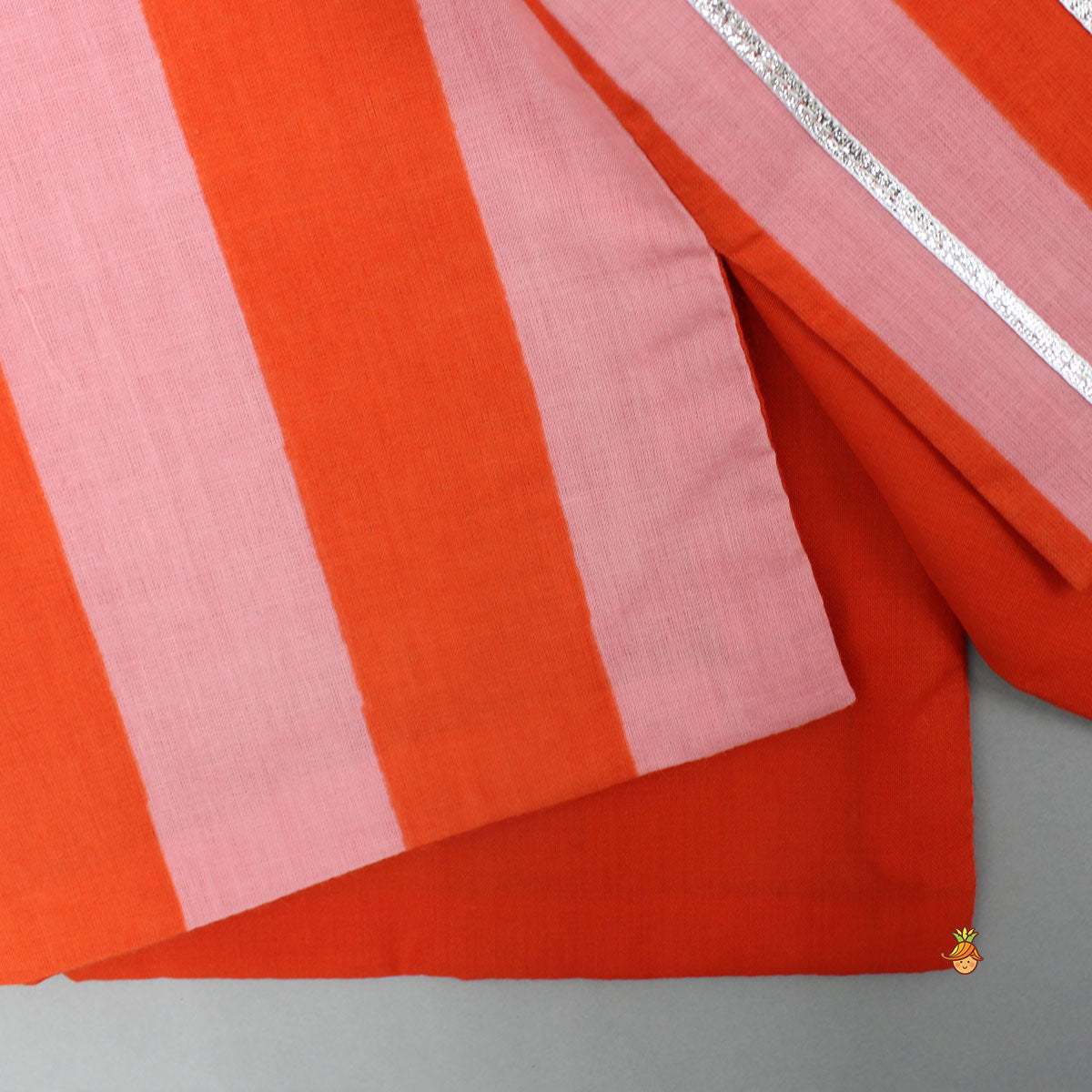 Pink And Orange Striped Kurta With Matching Jacket And Off White Pyjama
