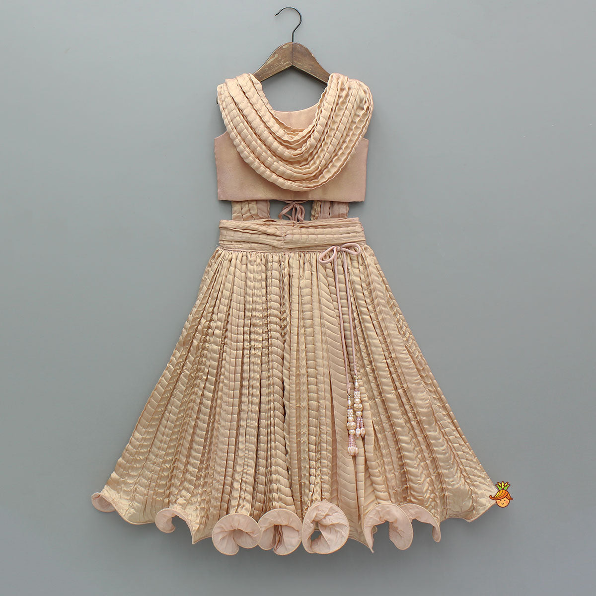 Gorgeous Shimmery Pink Draped Top With Shimmery Lehenga