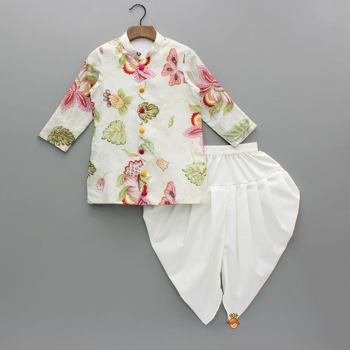 Ivory Floral Embroidered Organza Kurta With Dhoti