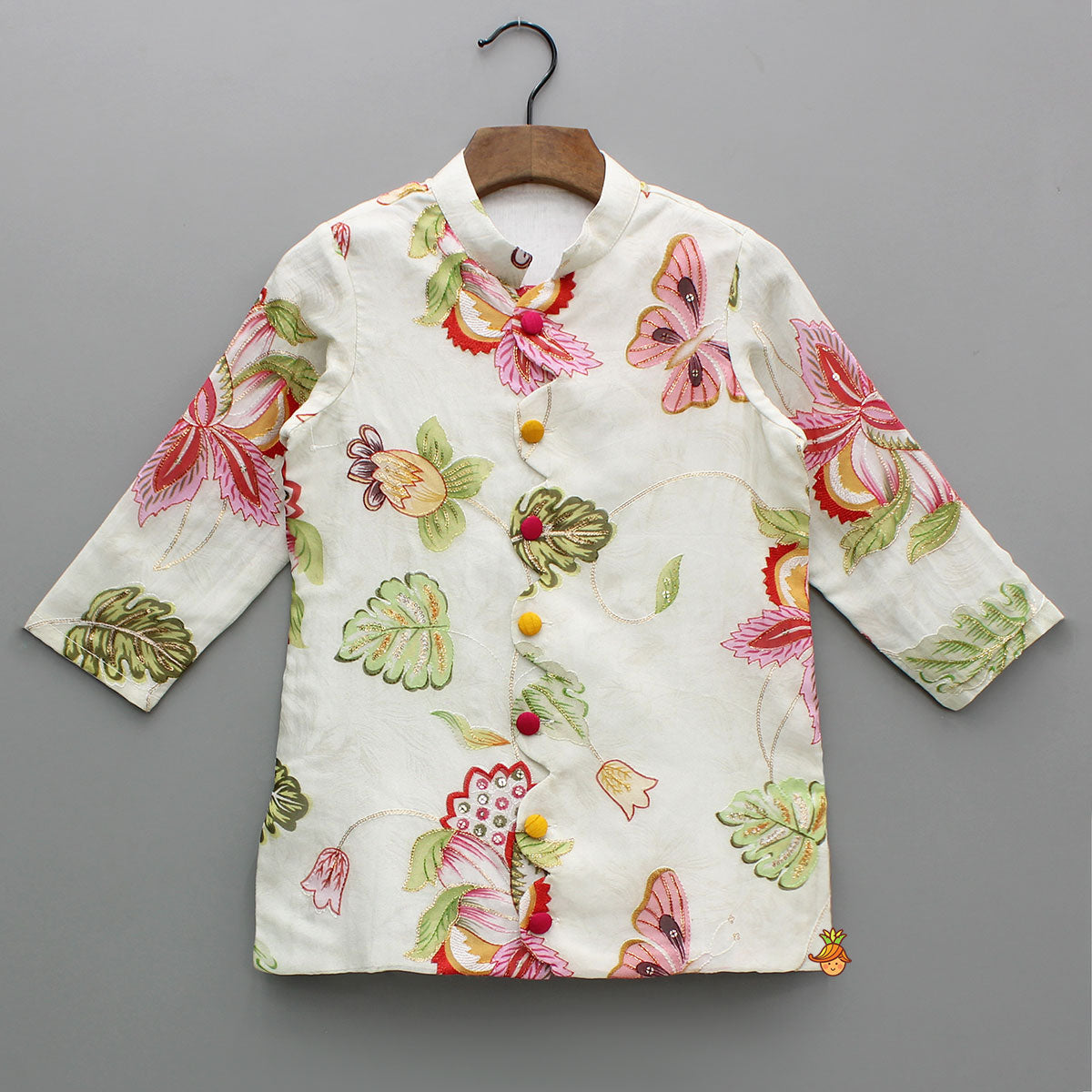 Ivory Floral Embroidered Organza Kurta With Dhoti