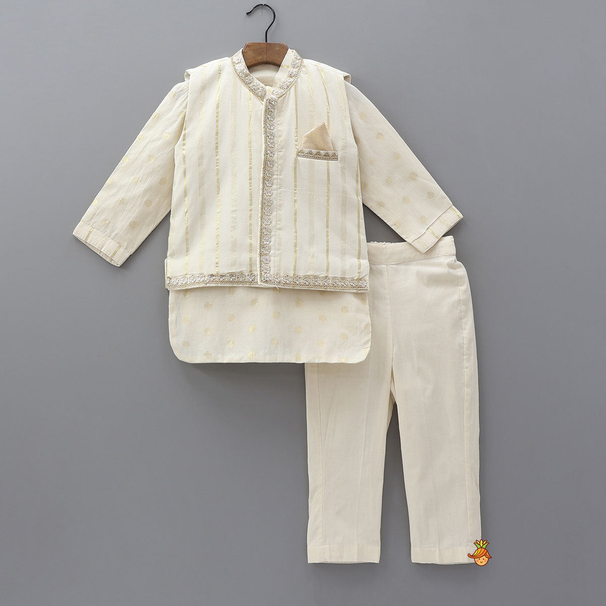 Off White Embroidered Cotton Kurta With Shimmery Pocket Square Jacket And Pyjama