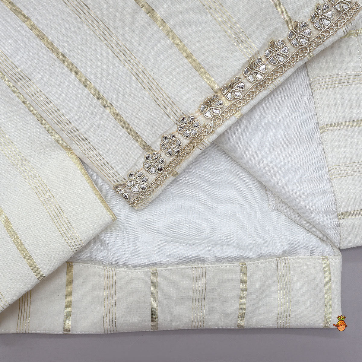 Off White Embroidered Cotton Kurta With Shimmery Pocket Square Jacket And Pyjama