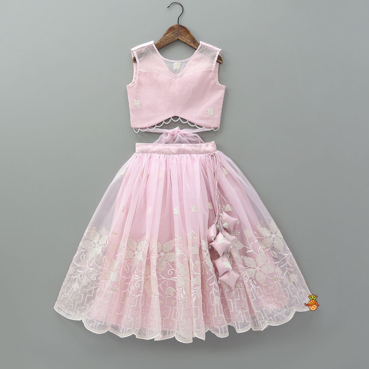 Pink Organza Crop Top With Lehenga