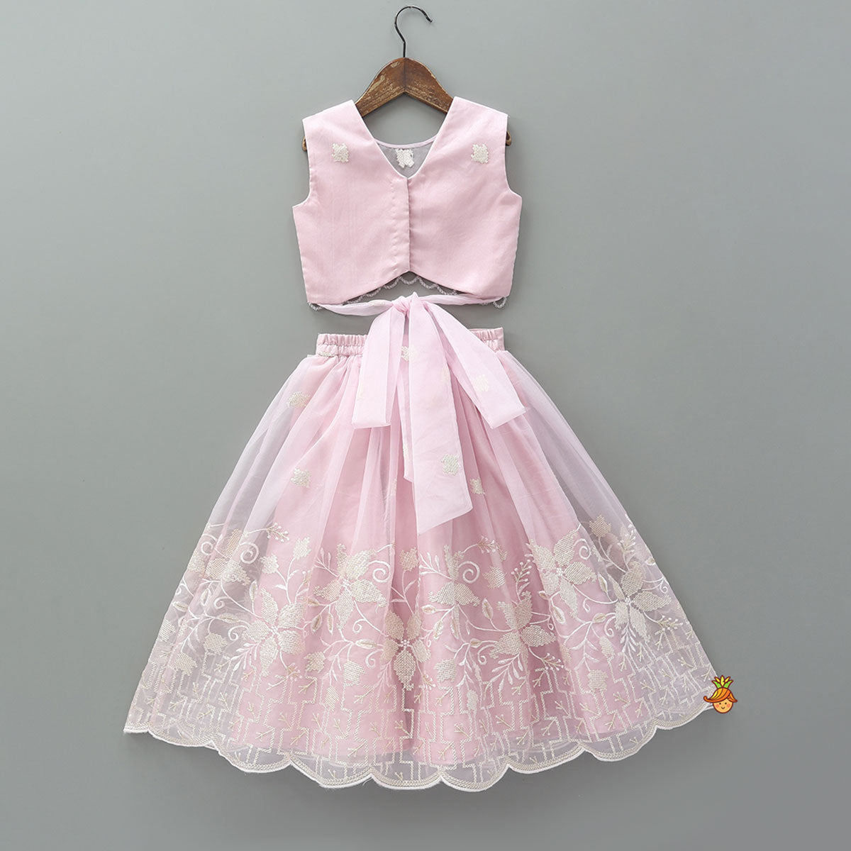 Pink Organza Crop Top With Lehenga
