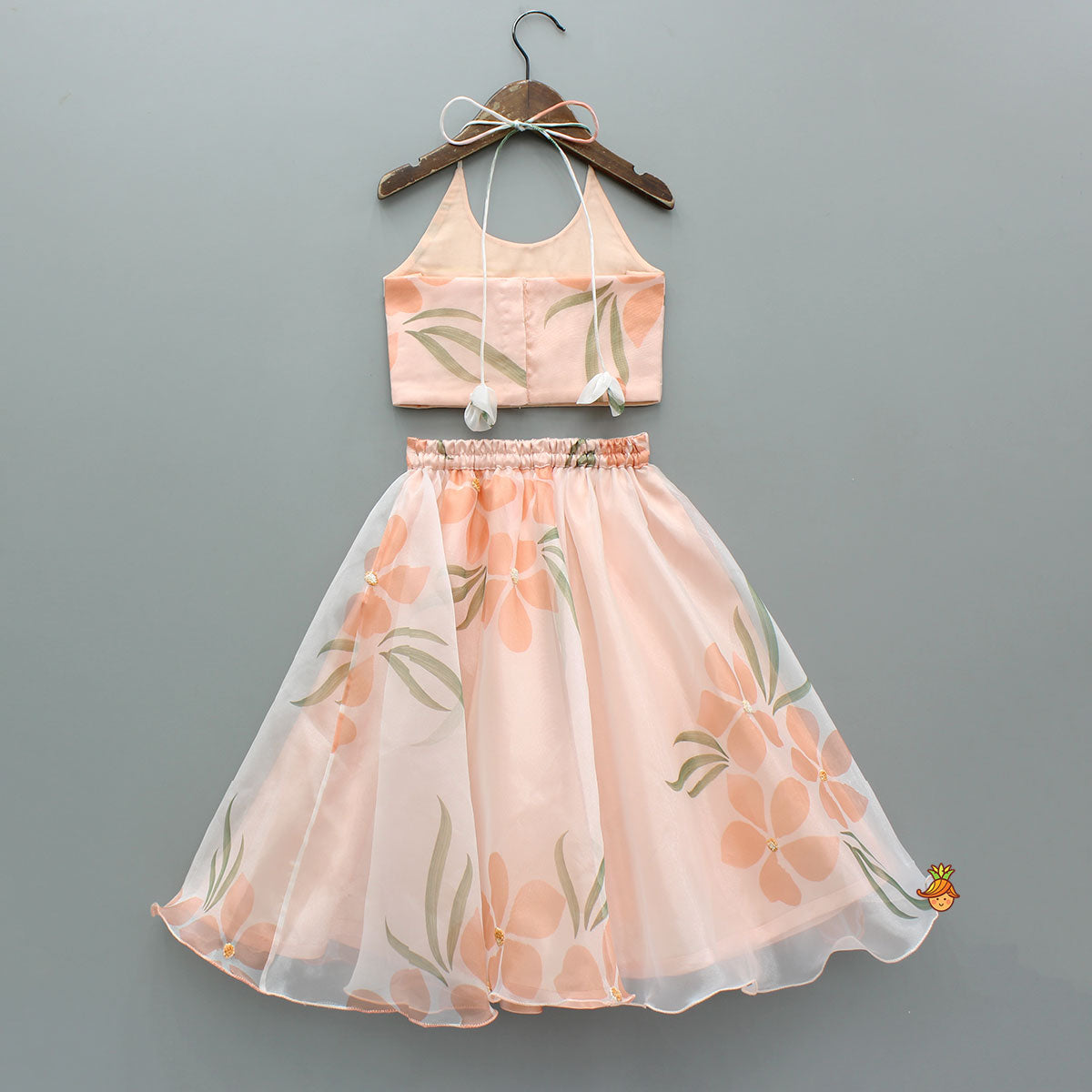 Peach Organza Floral Printed Halter Neck Top With Lehenga
