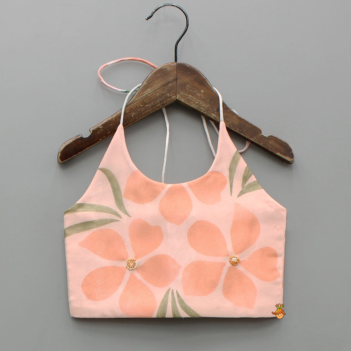 Peach Organza Floral Printed Halter Neck Top With Lehenga