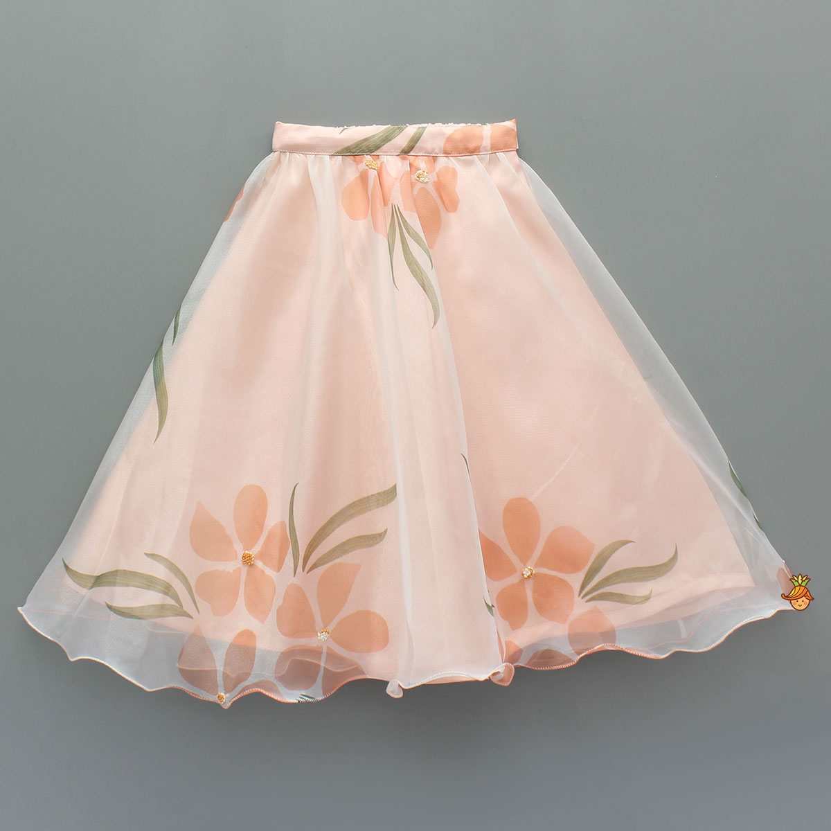 Peach Organza Floral Printed Halter Neck Top With Lehenga