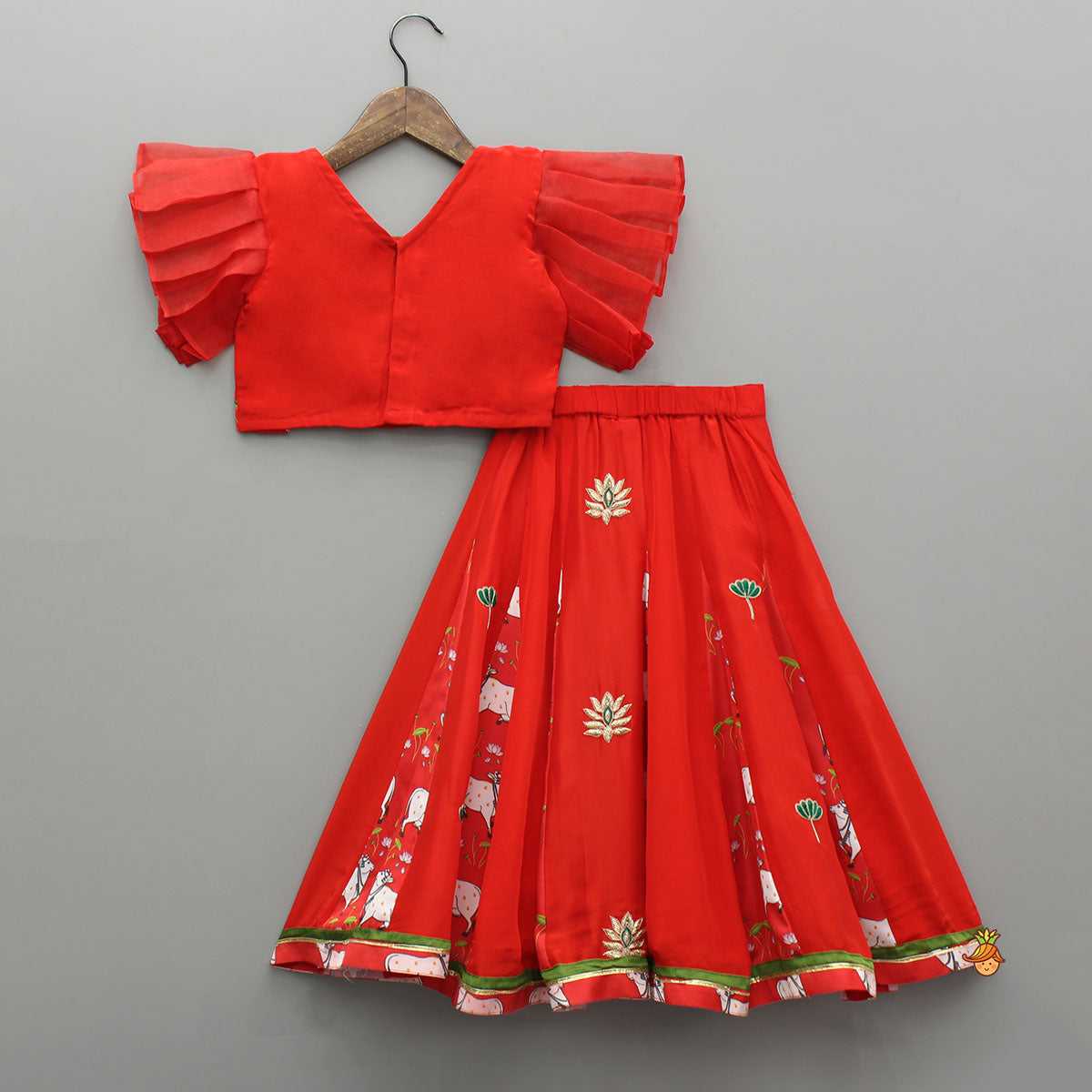 Red Applique Top With Matching Lehenga And Dupatta
