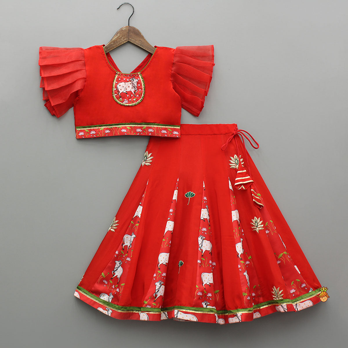 Red Applique Top With Matching Lehenga And Dupatta