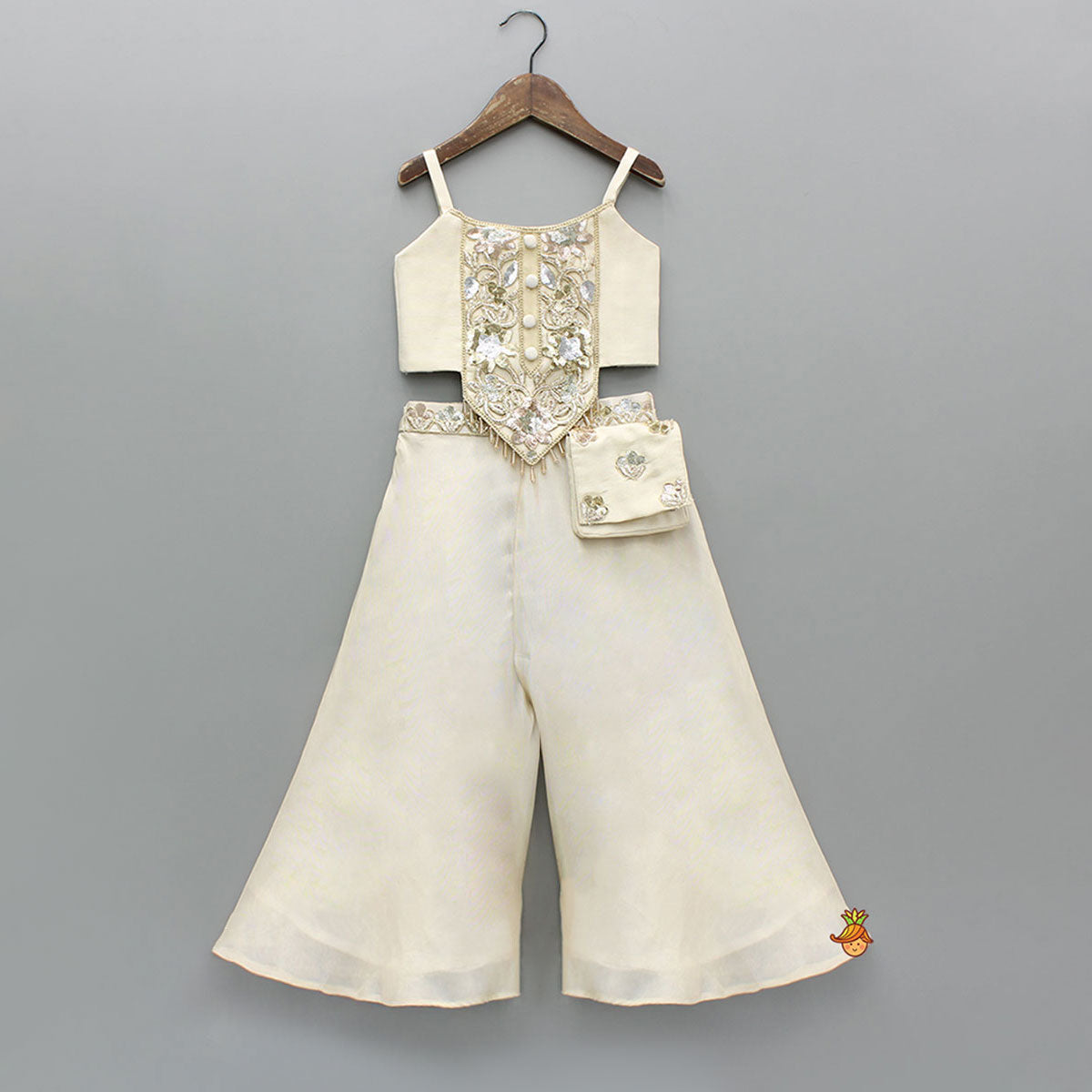 Shimmery Strappy Embroidered Top With Flared Palazzo And Attached Bag
